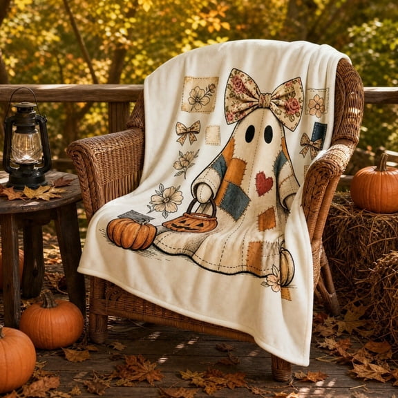 Danhjin Halloween Throw Blanket for Fall Decor Vintage Ghost Pumpkin Floral Soft Cozy Warm
