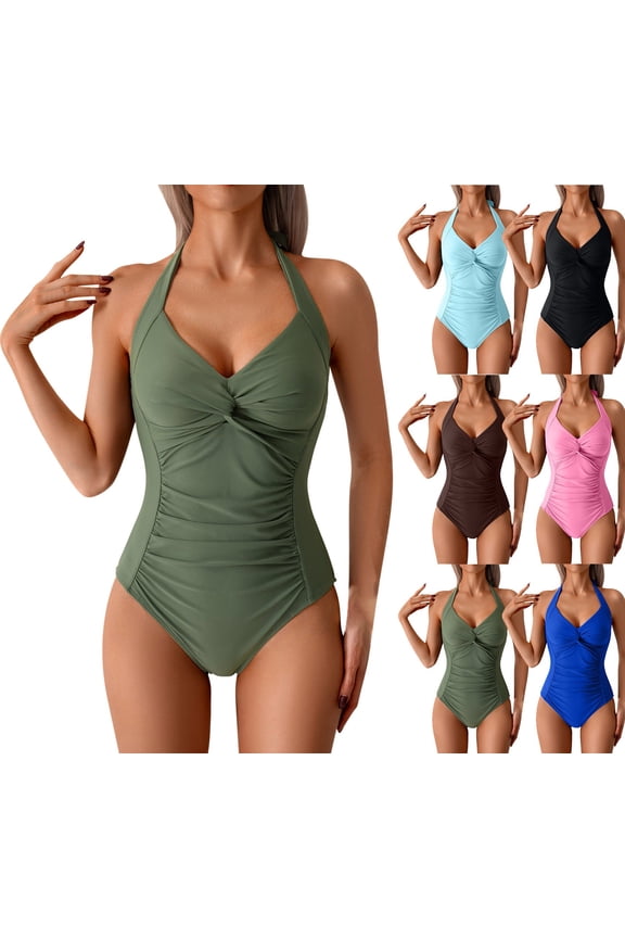 Halters Swimsuits for Women 1 Piece Set Faux Wrap Swimwear Slim Tummycontrol Surfing Swimming Summer Beach Bathing Cute Attractive Swim Suits