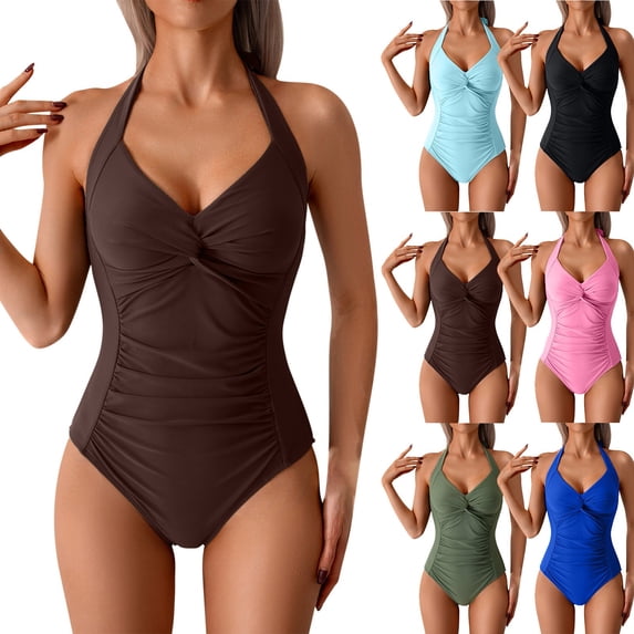 Danhjin Halters Swimsuits for Women 1 Piece Set Faux Wrap Swimwear Slim Tummycontrol Surfing Swimming Summer Beach Bathing Cute Attractive Swim Suits