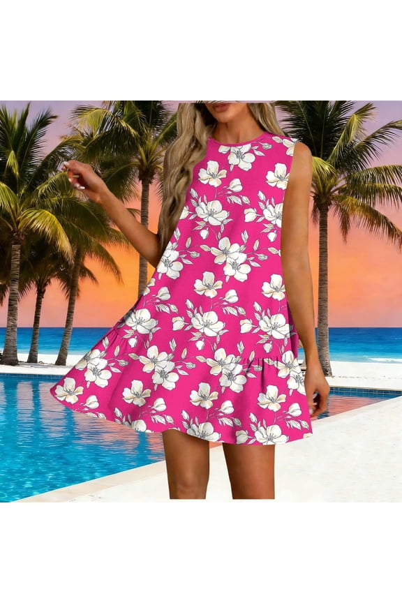 Womens Summer Crew Neck Casual Loose Mini Dresses Boho Flowy Sleeveless A Line Pleated Flare Beach Year-Round Casual Loose Wrinkle-Free Vacation Dress Wedding Guest Dress