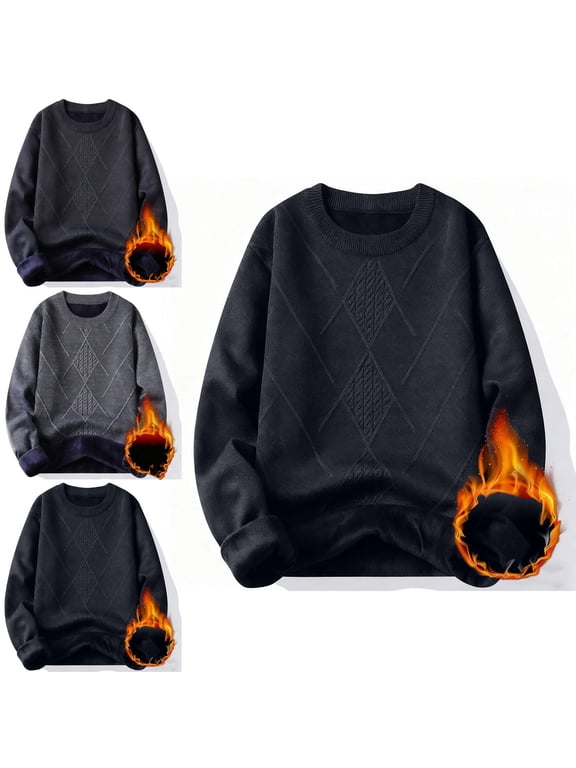 Jacquard Sweater Tops for Men Fleece Lined Casual Fall Winter Long Sleeve Crew Neck Button Warm Pullover Shirts Comfy Soft Loungewear Outdoor T Shirts Blouses