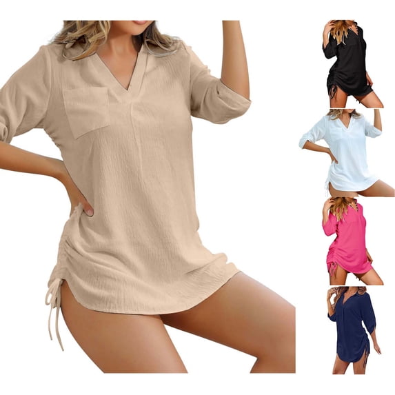 Danhjin Khaki Women Swimsuit Cover Up Shirt Beach Bathing Suits for Swimwear Bikini Dress V Neck Long Sleeve Casual Fashion Summer Beachwear Coverups