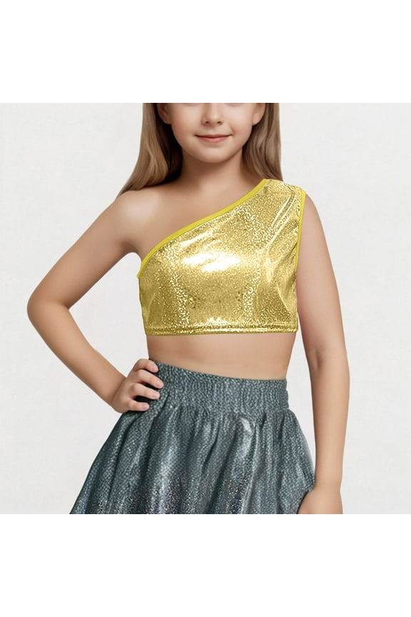 Kids Girls Dance Crop Tops One-Shoulder Sequins Jazz Hip Hop Stage Performance Tank Vest Stage Dancewear