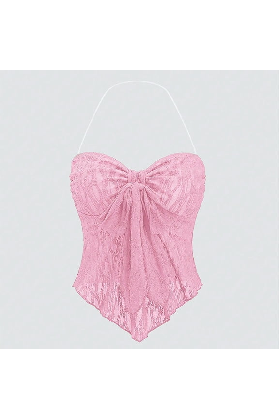 Lace Halter Top for Women Sleeveless Solid Color Summer Backless Casual Camisole Shirts Spring Lightweight Going Out Fashion Soft Bow Top