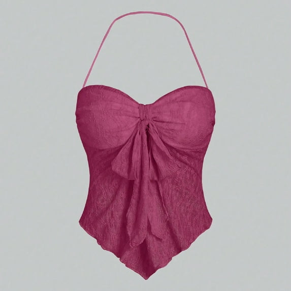 Danhjin Lace Halter Top for Women Sleeveless Solid Color Summer Backless Casual Camisole Shirts Spring Lightweight Going Out Fashion Soft Bow Top