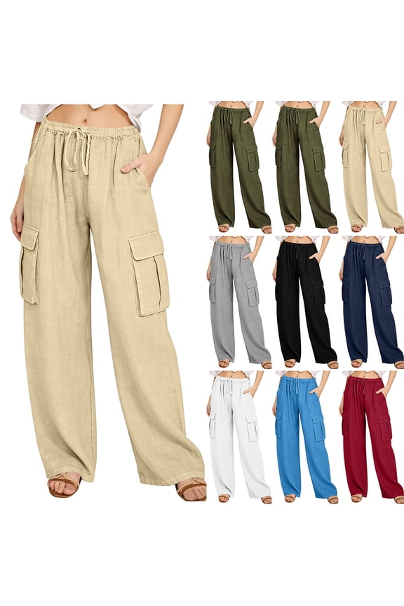 Linen Cargo Pants For Women Spring Summer Casual Elastic Waisted Drawstring Loose Straight Leg Comfy Pants Stretch Pants With Pockets