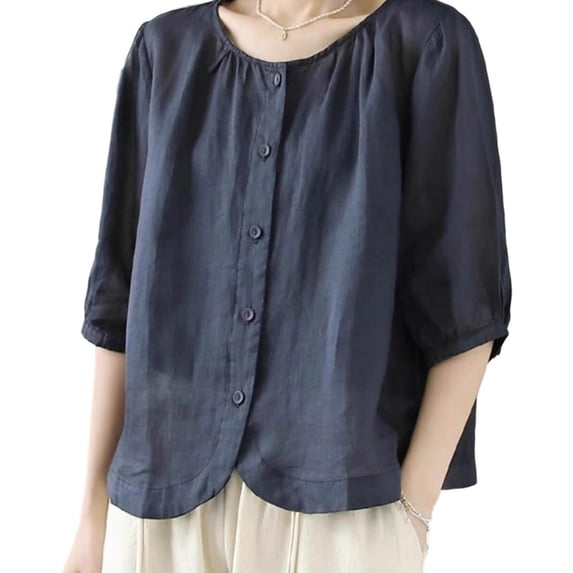 Danhjin Linen Shirts For Womens Casual Loose Collared Blouses Spring Summer Beach Tops Short Sleeve Soild Color V Neck Shirts
