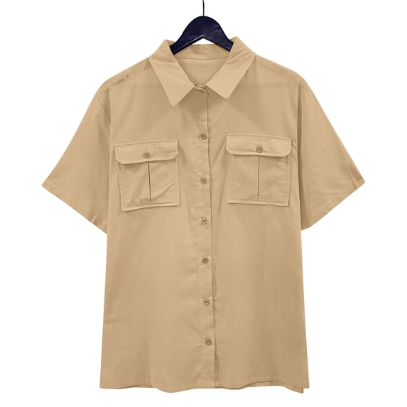 Danhjin Linen Shirts For Womens Casual Loose Collared Blouses Spring Summer Beach Tops Short Sleeve V Neck Shirts