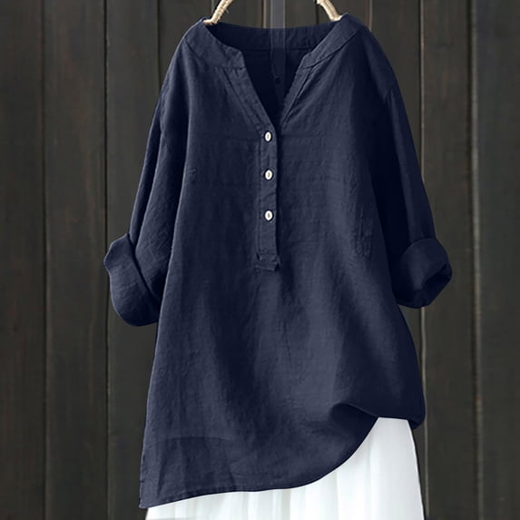 Danhjin Linen Shirts For Womens Casual Loose Collared Button Down Blouses Spring Summer Beach Tops Short Sleeve V Neck Shirts