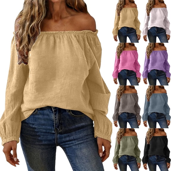 Danhjin Linen Shirts for Women Long Sleeve Off Shoulder Square Neck Solid Color Fashion Pullover Tops Fall Summer Spring Vacation Going out Blouses Casual T Shirts