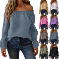 thumbnail image 1 of Danhjin Linen Shirts for Women Long Sleeve Off Shoulder Square Neck Solid Color Fashion Pullover Tops Fall Summer Spring Vacation Going out Blouses Casual T Shirts, 1 of 7