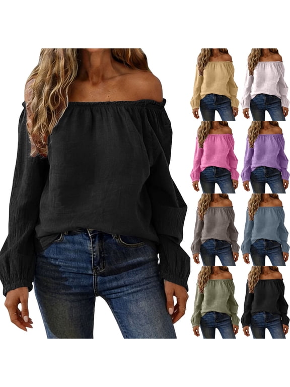 Linen Shirts for Women Long Sleeve Off Shoulder Square Neck Solid Color Fashion Pullover Tops Fall Summer Spring Vacation Going out Blouses Casual T Shirts