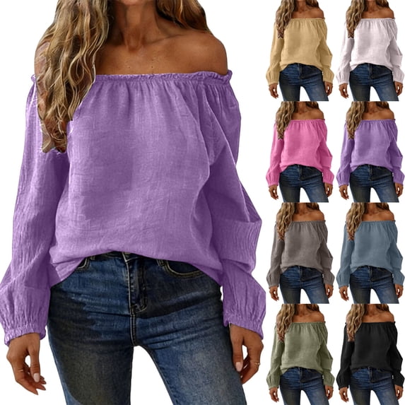 Danhjin Linen Shirts for Women Long Sleeve Off Shoulder Square Neck Solid Color Fashion Pullover Tops Fall Summer Spring Vacation Going out Blouses Casual T Shirts