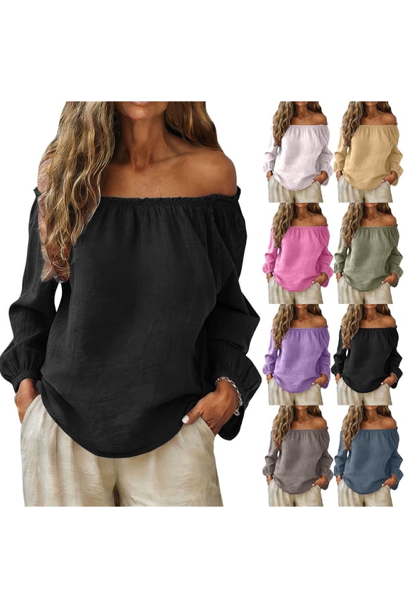Linen Shirts for Women Long Sleeve Off Shoulder Square Neck Solid Color Fashion Pullover Tops Fall Summer Spring Vacation Going out Blouses Casual T Shirts