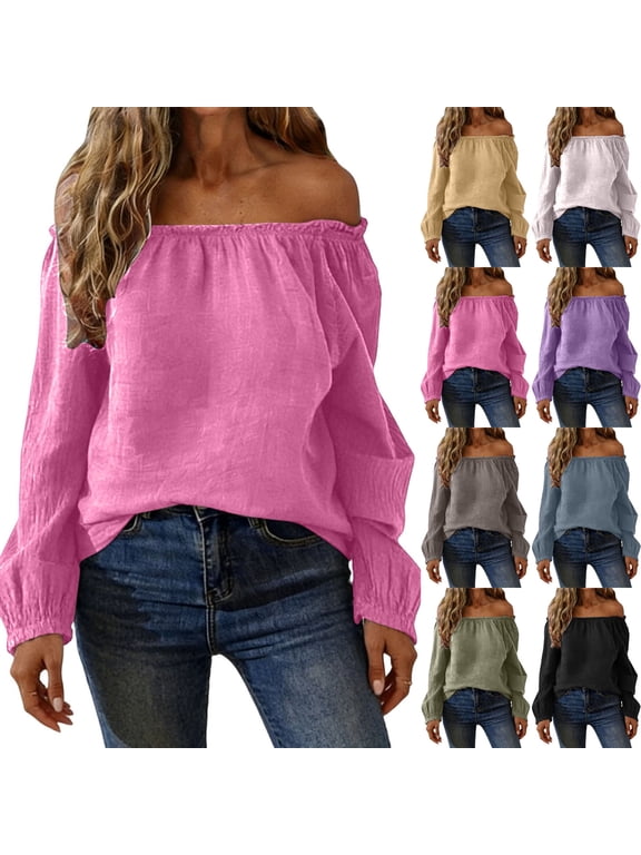 Linen Shirts for Women Long Sleeve Off Shoulder Square Neck Solid Color Fashion Pullover Tops Fall Summer Spring Vacation Going out Blouses Casual T Shirts