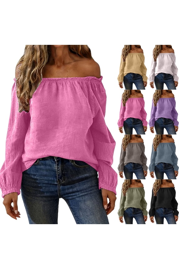 Linen Shirts for Women Long Sleeve Off Shoulder Square Neck Solid Color Fashion Pullover Tops Fall Summer Spring Vacation Going out Blouses Casual T Shirts