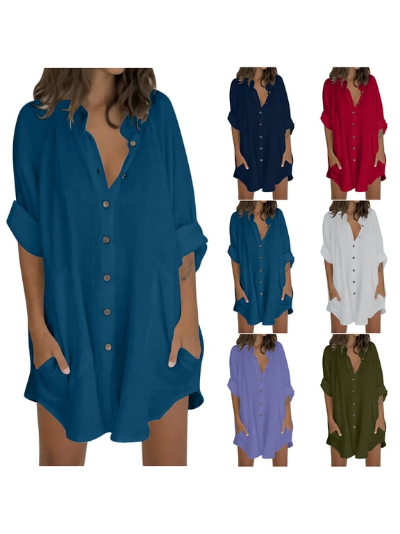 Danhjin Linen Shirts for Women 3/4 Length Sleeve Button Down Blouses Solid Color Lape L Fashion Summer Fall Causal Tops