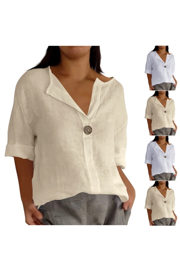 Linen Shirts for Women 3/4 Length Sleeve Button Down Blouses Solid Color Lape L Fashion Summer Fall Causal Tops