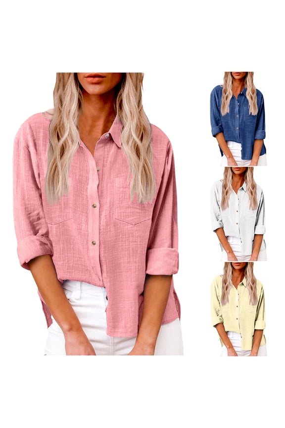 Linen Shirts for Women Button Down Long Sleeve Casual Tops Collar Solid Color Loose Beach Vacation Going out Loungewear Fashion Blouses