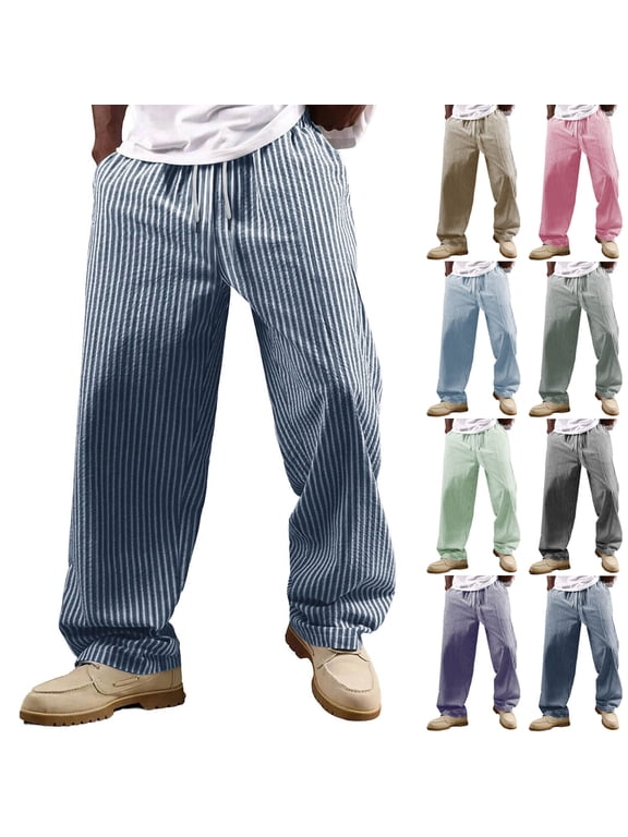 Linen Striped Pants For Men Casual Loose Lightweight Summer Long Pants With Elastic Drawstring Waist Straight-Leg With Pockets For Yoga Beach Wear