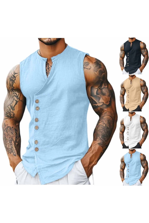 Linen Tank Tops For Mens Basic Loose Breathable Muscle Tee Lightweight Casual Stand-up Collar Shirts Spring Summer Beach Sleeveless Outfits