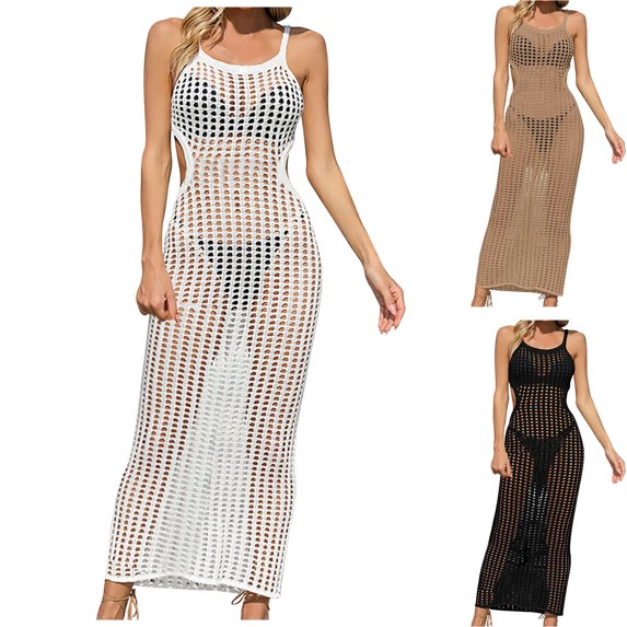 Danhjin Long Dress Swimsuit Coverups for Women Hollow out Sleeveless Casual Beachwear Lightweitght Summer Bikinis Beach Sun Bathing Swiming Cover up