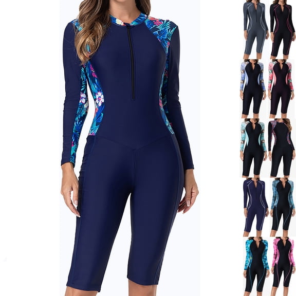 Danhjin Long Sleeve Swimsuits for Women Boy Leg RashGuard 1 Piece Set Swimwear Zipper Front Slim Surfing Swimming Summer Beach Bathing Athleti Swim Suits