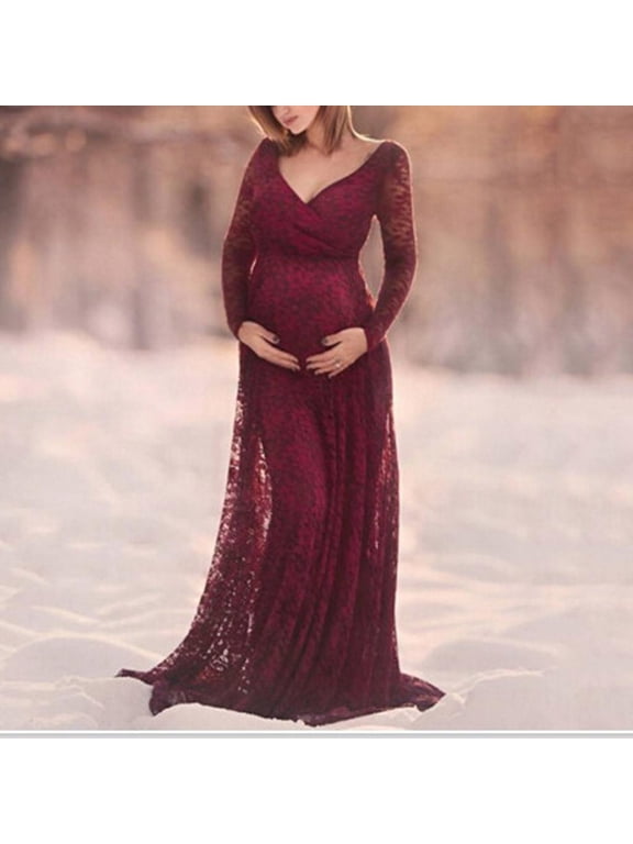 Maternity Elegant Fitted Maternity Gown Lace Long Sleeve Cross-Front V Neck Slim Fit Maxi Photography Dress for Photoshoot