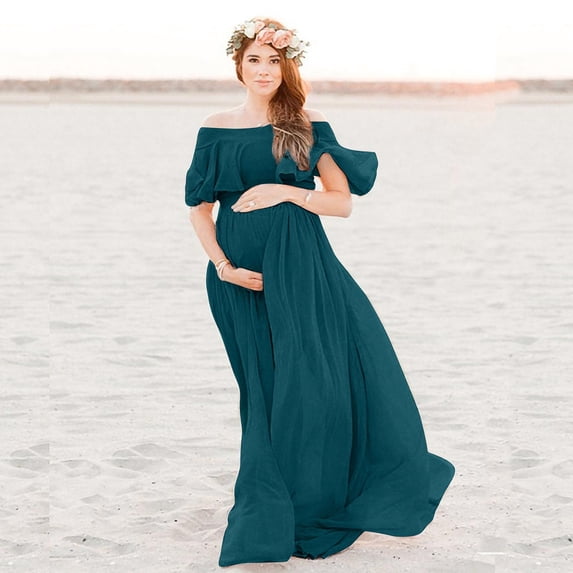 Danhjin Maternity Maxi Dress Photoshop Flowy Summer Off the Shoulder Sleeveless Casual Dress Spring Solid Color Going Out Floor Length Outfit Long Dresses