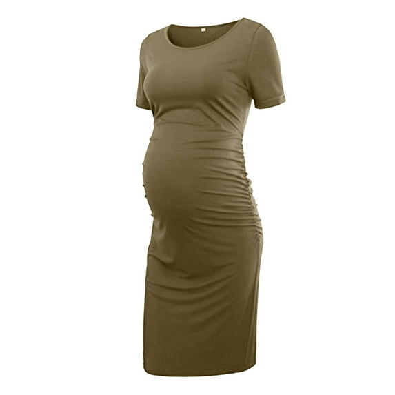 Danhjin Maternity Midi Dress Summer Crew Neck Short Sleeve Casual Solid Color Spring Casual Slim Lightweight Bodycon Straight Dresses