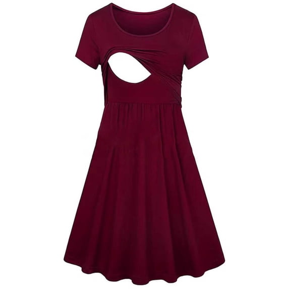 Danhjin Maternity Nursing Midi Dress Summer Short Sleeve Breastfeeding Casual Plus Size Solid Color Spring Crew Neck Lightweight Dresses