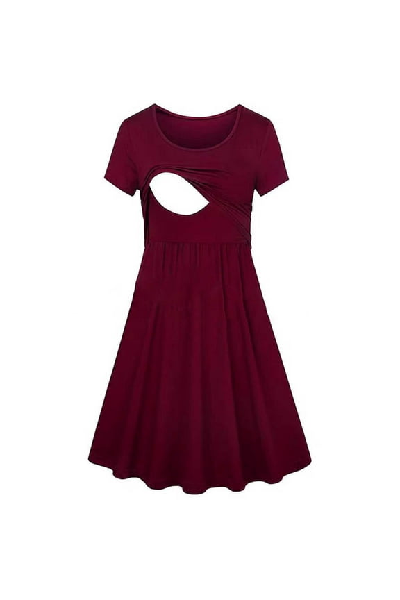 Maternity Nursing Midi Dress Summer Short Sleeve Breastfeeding Casual Plus Size Solid Color Spring Crew Neck Lightweight Dresses