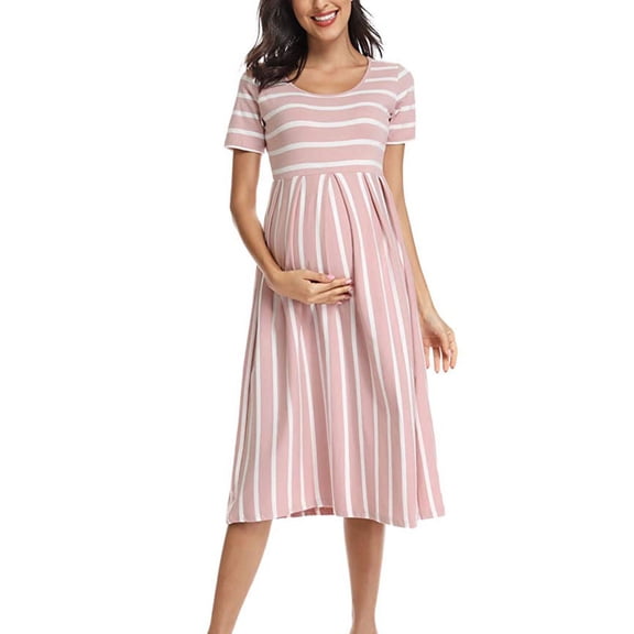 Danhjin Maternity Nursing Midi Striped Dress Summer Short Sleeve Breastfeeding Casual Plus Size Solid Color Spring Crew Neck Lightweight Dresses