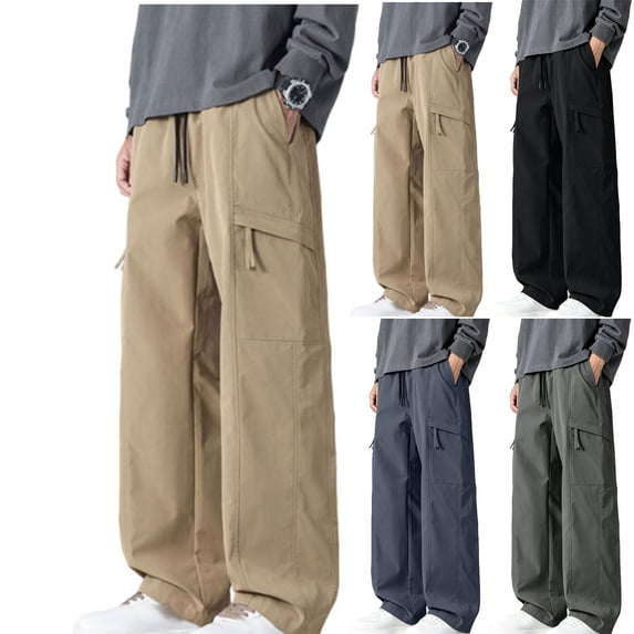 Danhjin Men's Baggy Cargo Pants Wide Leg Work Elastic Waist with Drawstring Casual Hiking Camping Pants Loose Solid Color Trousers with Pockets