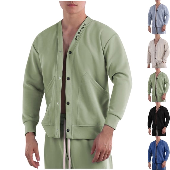 Danhjin Men's Button Down Jackets V Neck Sweatshirts Casual Fall Winter Fashion Long Sleeve Outwear Solid Color Cardigan Coats