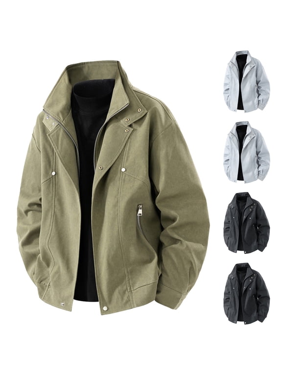 Men's Cargo Jackets Full Zipper Long Sleeve Oversized Casual Outerwear Fashion Lapel Loose Coats with Pockets
