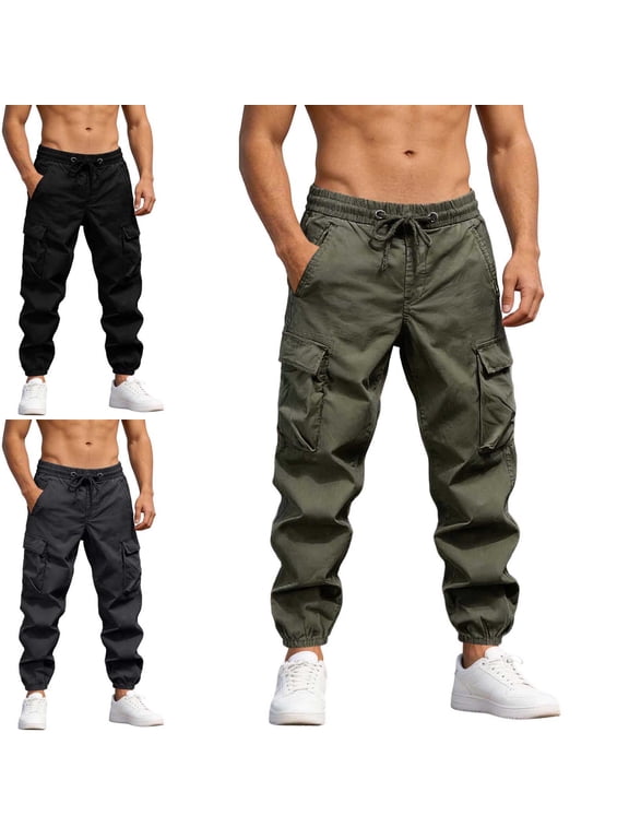Men's Cargo Pants Elastic Waist and Ankle with Drawstring Work Casual Hiking Camping Pants Straight Leg Solid Color Trousers with Pockets