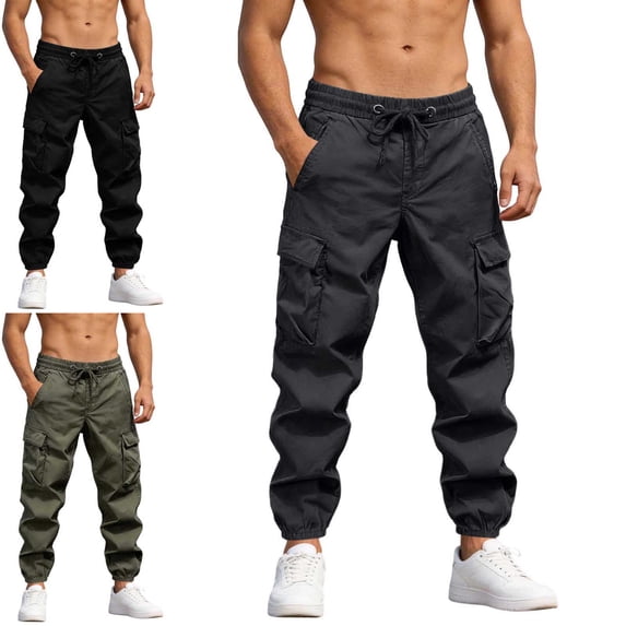 Danhjin Men's Cargo Pants Elastic Waist and Ankle with Drawstring Work Casual Hiking Camping Pants Straight Leg Solid Color Trousers with Pockets
