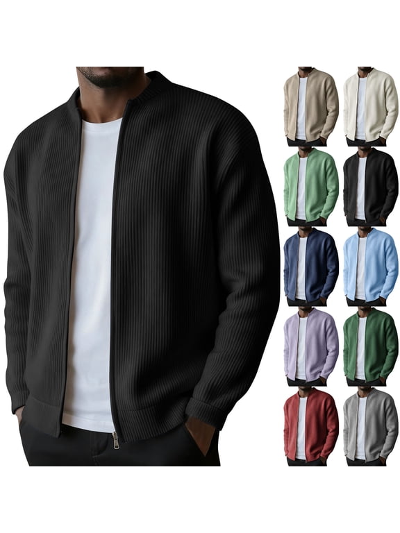 Men's Casual Jackets Fall Winter Full Zipper Crew Neck Long Sleeve Loose Outerwear Fashion Comfy Coats