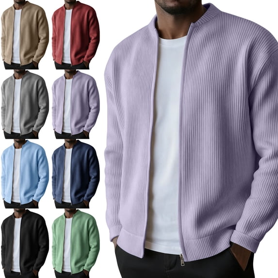 Danhjin Men's Casual Jackets Fall Winter Full Zipper Crew Neck Long Sleeve Loose Outerwear Fashion Comfy Coats