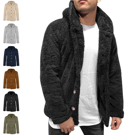 Danhjin Men's Fleece Jackets Faux Fur Fuzzy Thermal Fall Winter Warm Coats Casual Long Sleeve Hooded Solid Color Outwear