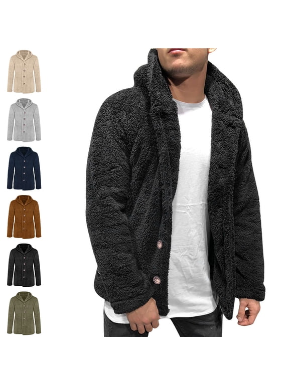 Men's Fleece Jackets Faux Fur Fuzzy Thermal Fall Winter Warm Coats Casual Long Sleeve Hooded Solid Color Outwear