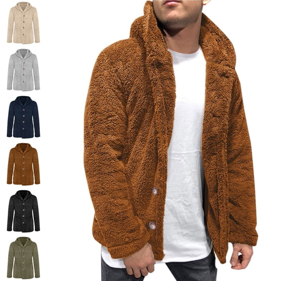 Danhjin Men's Fleece Jackets Faux Fur Fuzzy Thermal Fall Winter Warm Coats Casual Long Sleeve Hooded Solid Color Outwear