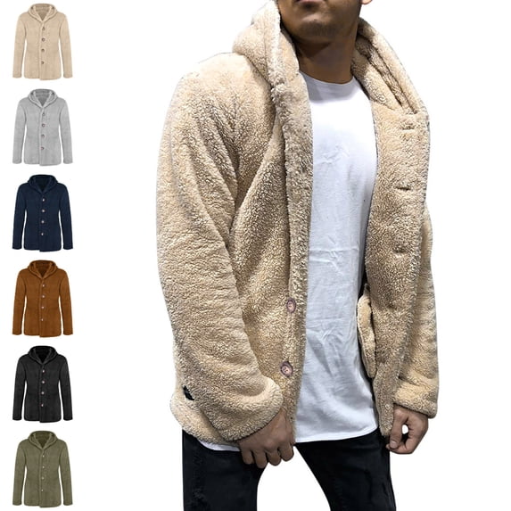 Danhjin Men's Fleece Jackets Faux Fur Fuzzy Thermal Fall Winter Warm Coats Casual Long Sleeve Hooded Solid Color Outwear