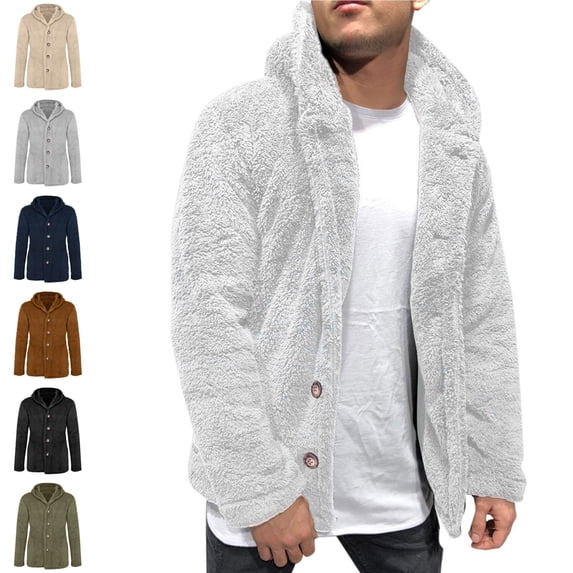 Danhjin Men's Fleece Jackets Faux Fur Fuzzy Thermal Fall Winter Warm Coats Casual Long Sleeve Hooded Solid Color Outwear
