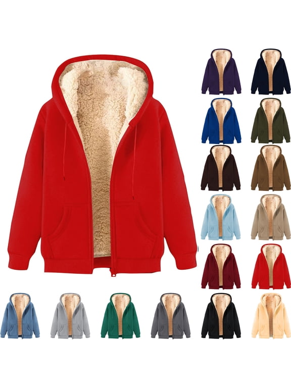 Men's Fleece Lined Hoodies Unisex Full Zipper Jacket Thicken Loose Long Sleeve Sweatshirts Fall Winter Casual Comfy Cozy Warm Outwear Coat