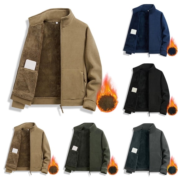 Danhjin Men's Fleece Lined Jackets Fuzzy Thermal Fall Winter Warm Coats Casual Long Sleeve Stand Collar Solid Color Outwear with Pockets