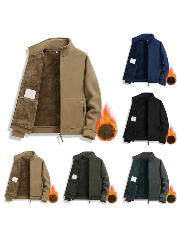 Men's Fleece Lined Jackets Fuzzy Thermal Fall Winter Warm Coats Casual Long Sleeve Stand Collar Solid Color Outwear with Pockets