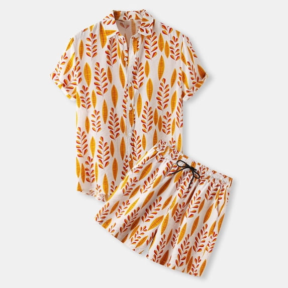 Danhjin Men's Hawaiian Shirt and Short Pants 2 Piece Vacation Outfits Sets Casual Button Down Beach Floral Suits on Clearance