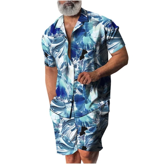 Danhjin Men's Hawaiian Shirt and Short Pants 2 Piece Vacation Outfits Sets Casual Button Down Beach Floral Suits on Clearance